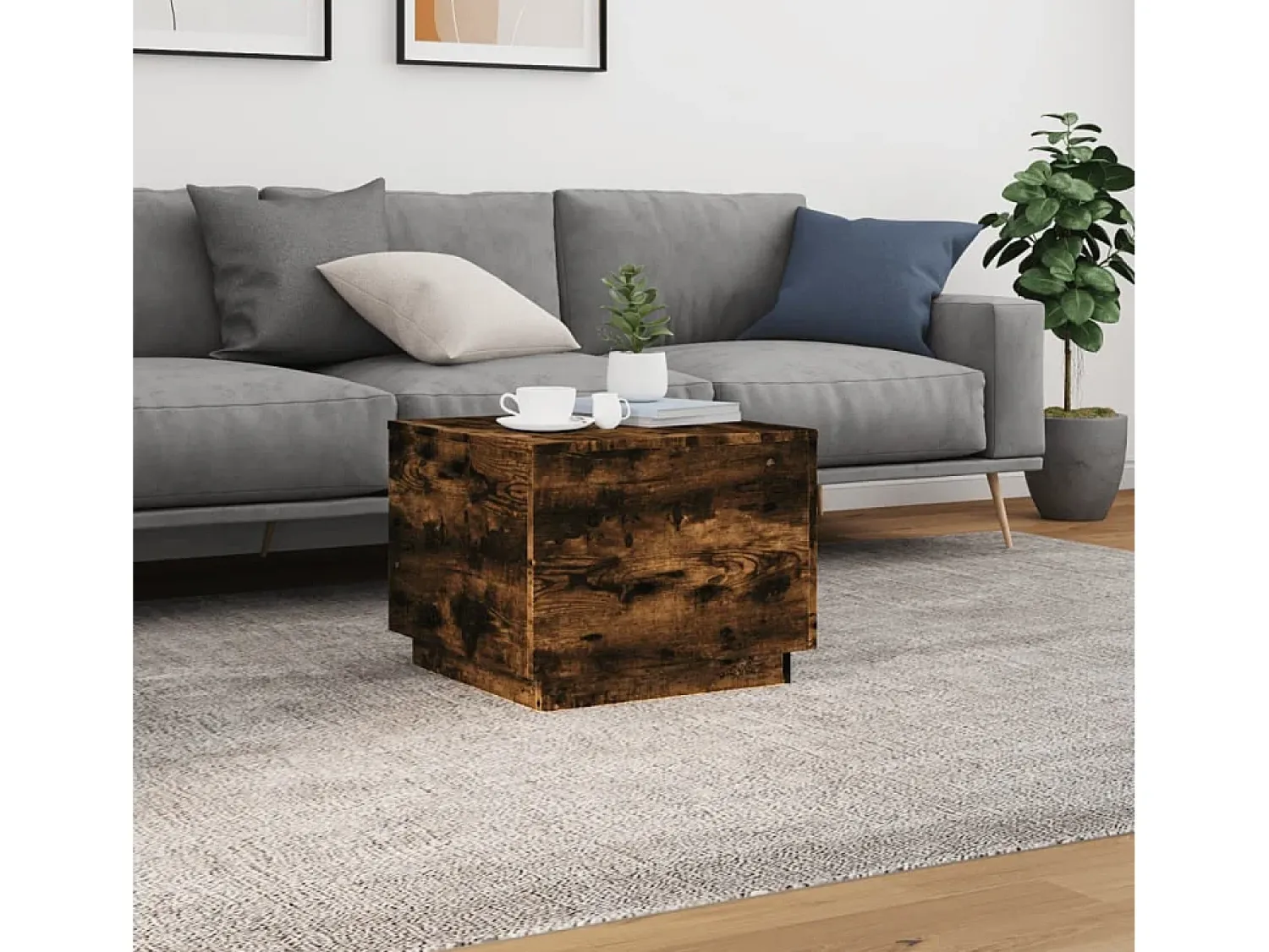 Mesa De Centro| Mesa de centro com luzes LED 50x50x40 cm carvalho fumado PT694785 Castanho