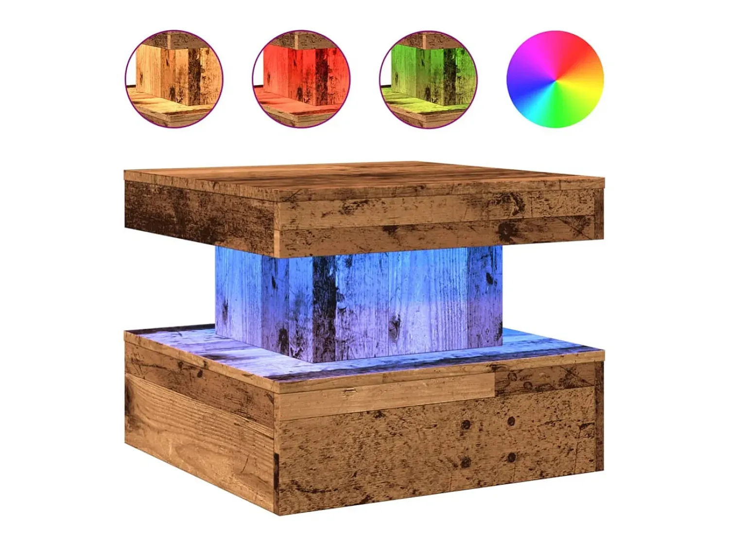 Clearance vidaxl Mesa de centro com luzes LED 50x50x40 cm madeira velha Castanho