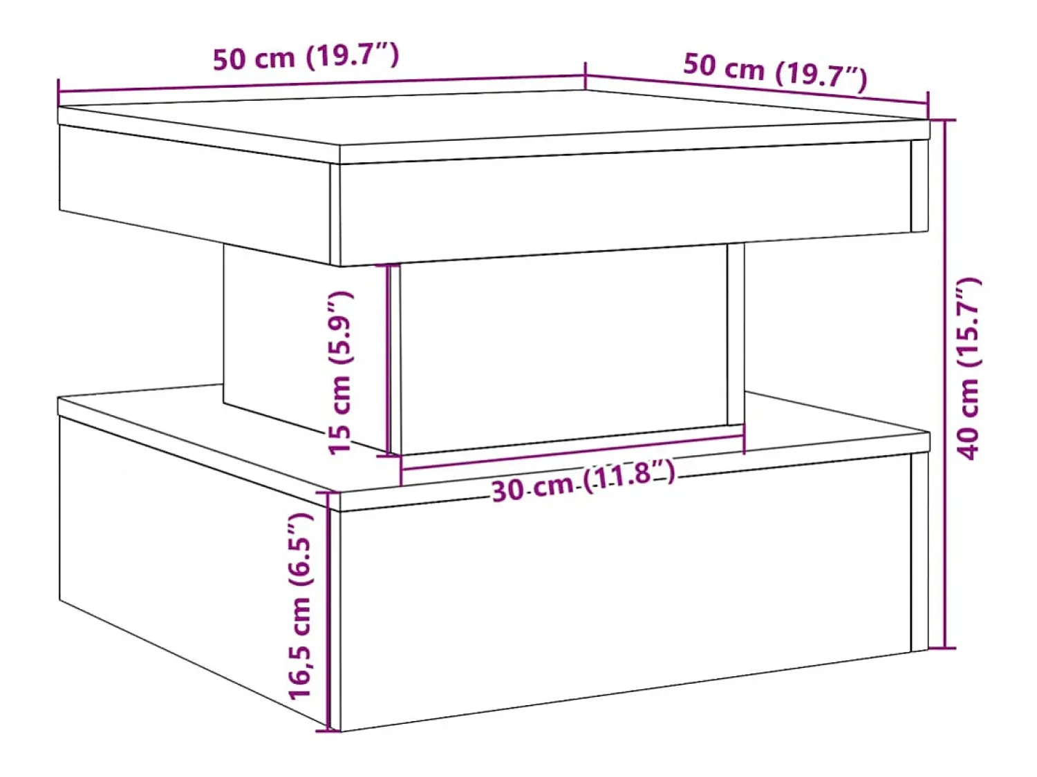Clearance vidaxl Mesa de centro com luzes LED 50x50x40 cm madeira velha Castanho