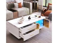 Mesa De Centro* Mesa de centro com porta de vidro temperado, gavetas onduladas, pés e puxadores dourados, para sala de estar. Branco