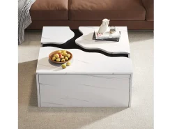 Outlet Merax Mesa de centro com revestimento em mármore para sala de estar - 70 x 70 x 31 cm - design geométrico - com gaveta - aglomerado - branca Branco