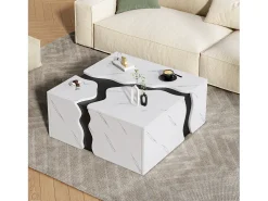 Outlet Merax Mesa de centro com revestimento em mármore para sala de estar - 70 x 70 x 31 cm - design geométrico - com gaveta - aglomerado - branca Branco