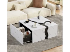 Outlet Merax Mesa de centro com revestimento em mármore para sala de estar - 70 x 70 x 31 cm - design geométrico - com gaveta - aglomerado - branca Branco