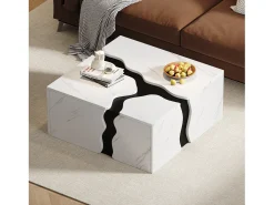 Outlet Merax Mesa de centro com revestimento em mármore para sala de estar - 70 x 70 x 31 cm - design geométrico - com gaveta - aglomerado - branca Branco