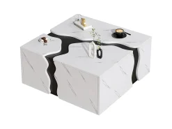 Outlet Merax Mesa de centro com revestimento em mármore para sala de estar - 70 x 70 x 31 cm - design geométrico - com gaveta - aglomerado - branca Branco