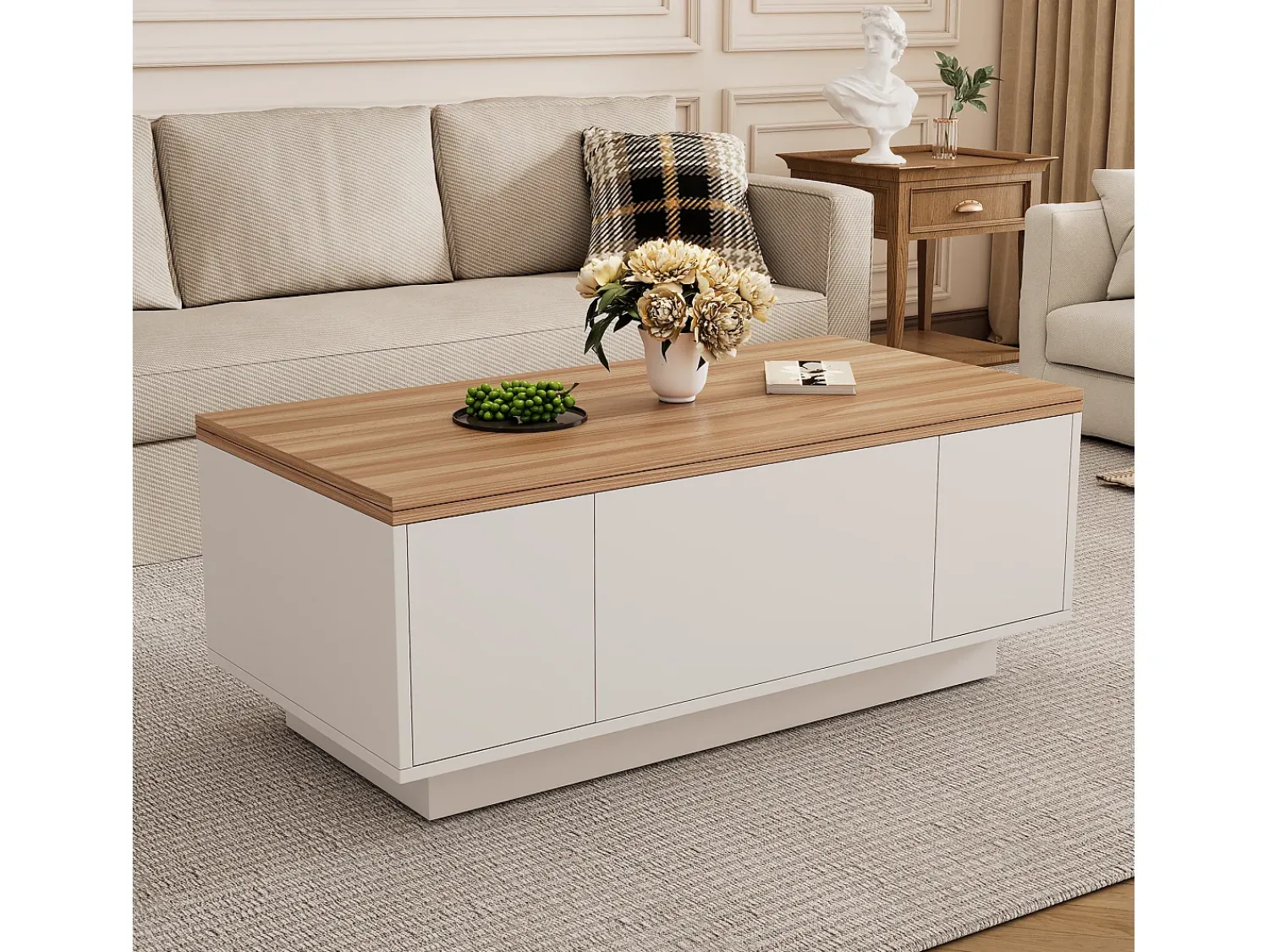 Mesa De Centro*Hauss Spole Mesa de centro com tampo elevatório e 2 portas - 2 prateleiras ajustáveis - + natural Branco