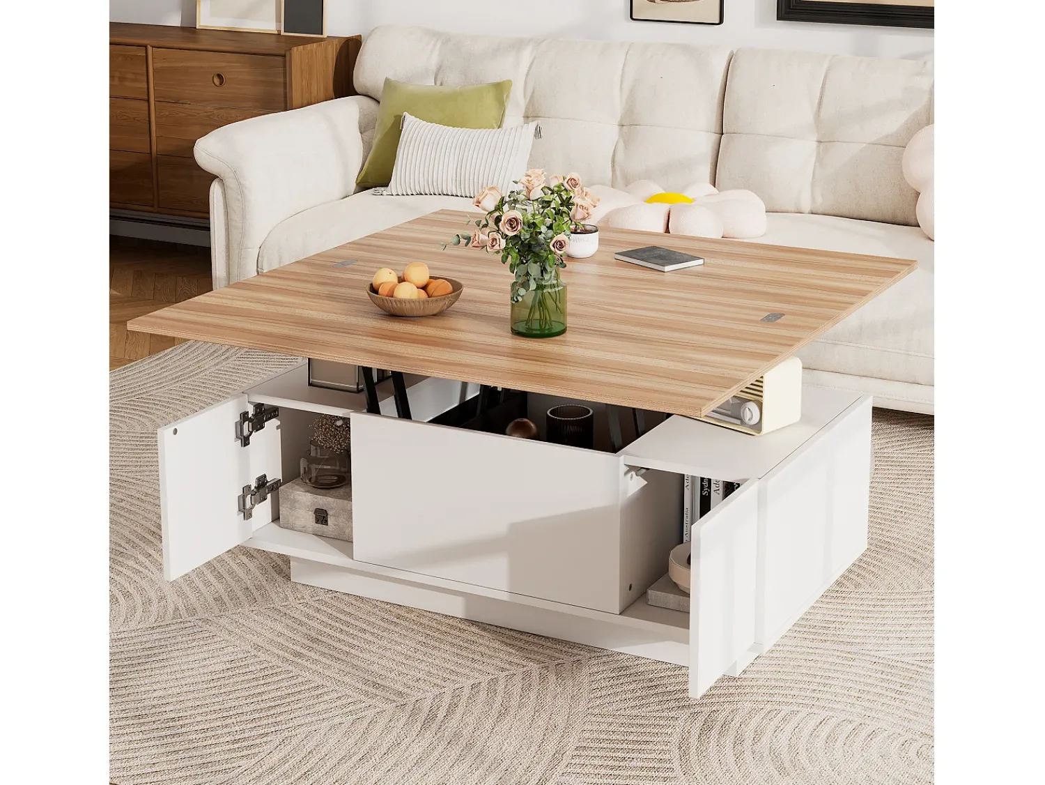 Mesa De Centro*Hauss Spole Mesa de centro com tampo elevatório e 2 portas - 2 prateleiras ajustáveis - + natural Branco