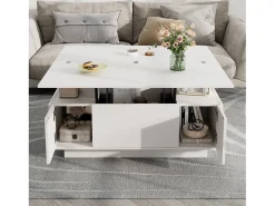 Mesa De Centro| Mesa de centro com tampo duplo elevável - Mesa de centro com 2 portas - Arrumação oculta - Branca Branco