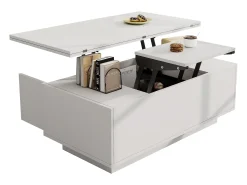 Mesa De Centro| Mesa de centro com tampo duplo elevável - Mesa de centro com 2 portas - Arrumação oculta - Branca Branco