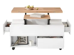 Hot Hauss Spole Mesa de centro com tampo elevatório, 4 gavetas e 4 rodízios - + natural Branco