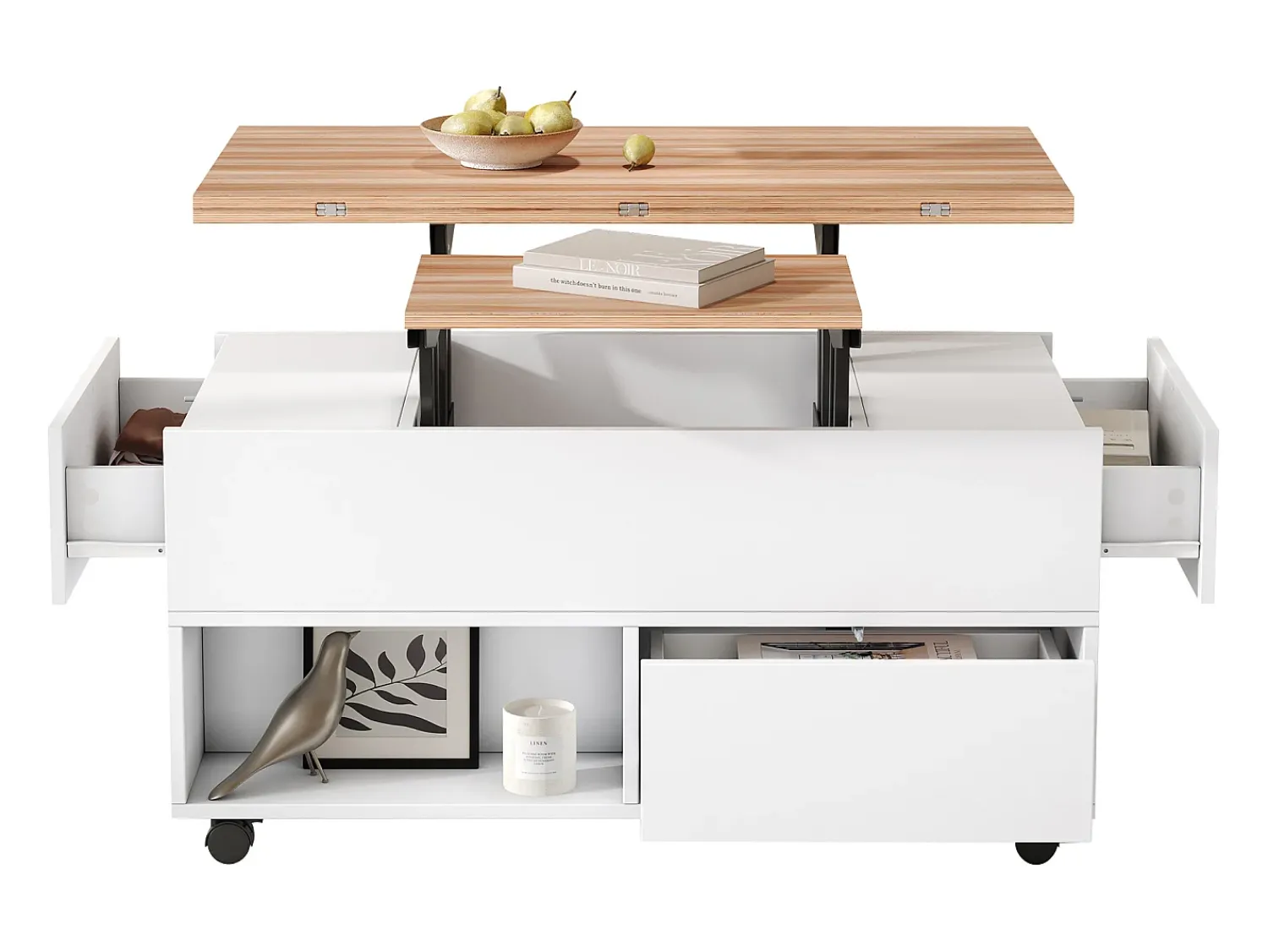 Hot Hauss Spole Mesa de centro com tampo elevatório, 4 gavetas e 4 rodízios - + natural Branco