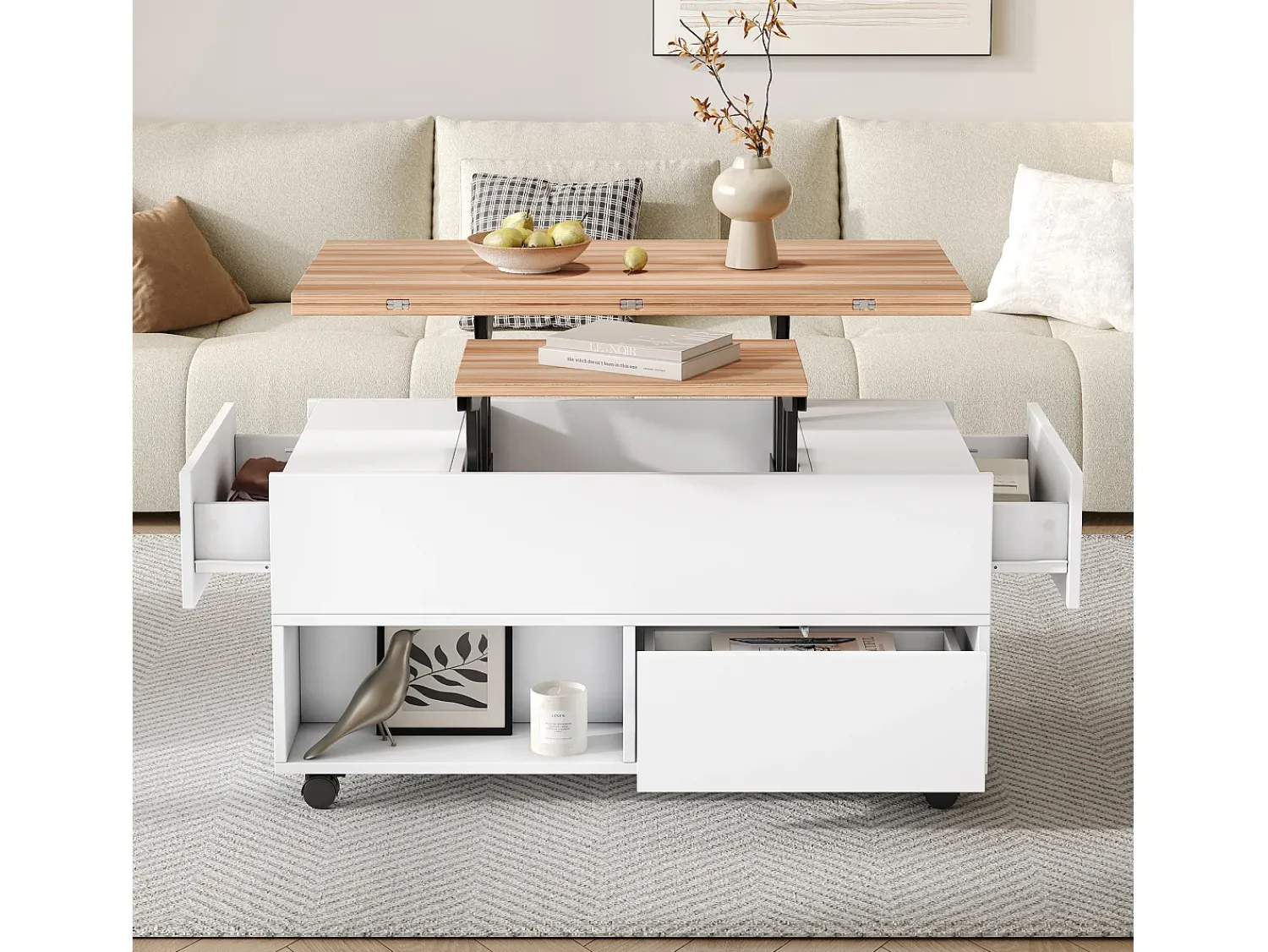 Hot Hauss Spole Mesa de centro com tampo elevatório, 4 gavetas e 4 rodízios - + natural Branco
