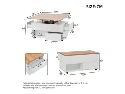 Hot Hauss Spole Mesa de centro com tampo elevatório, 4 gavetas e 4 rodízios - + natural Branco