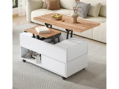 Hot Hauss Spole Mesa de centro com tampo elevatório, 4 gavetas e 4 rodízios - + natural Branco