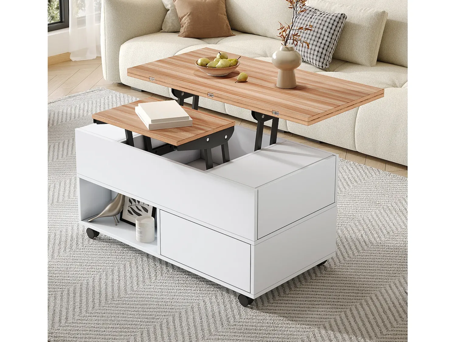 Hot Hauss Spole Mesa de centro com tampo elevatório, 4 gavetas e 4 rodízios - + natural Branco