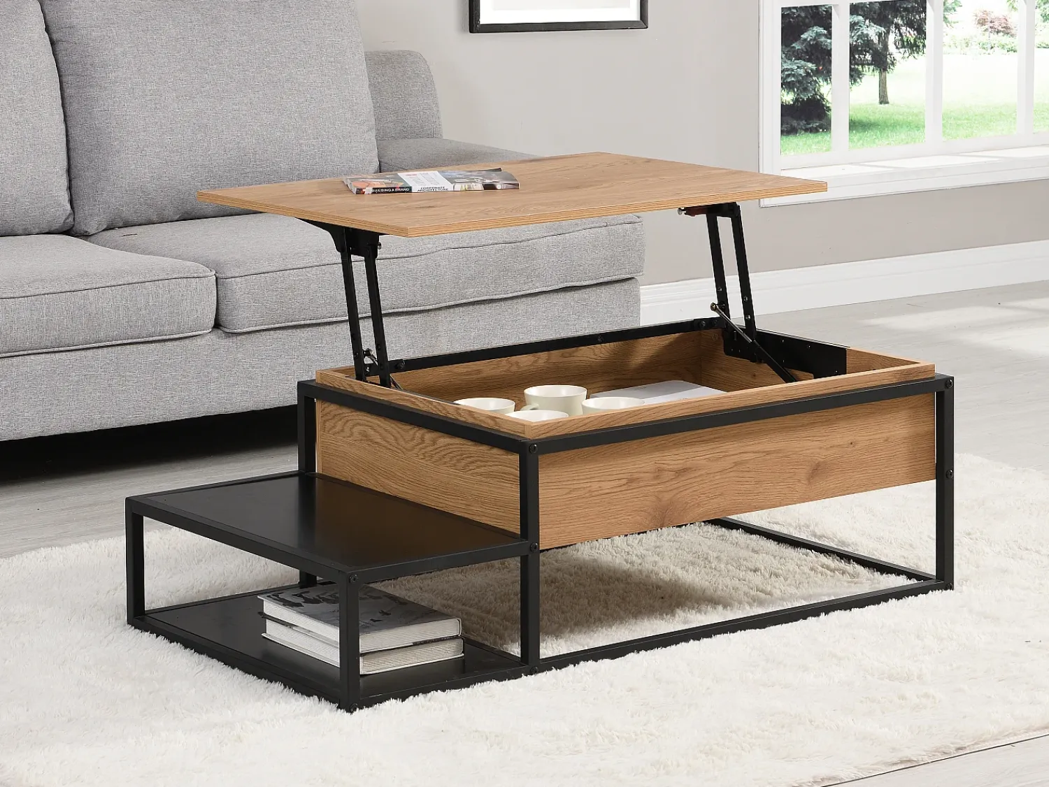 Mesa De Centro|Vente-unique Mesa de centro com tampo elevável MDF e metal natural e preto - LUTESA Preto / Natural claro