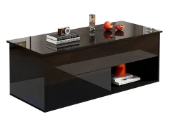 Merax Mesa de centro com tampo elevatório e acabamento laqueado de alto brilho - 100 x 50 x 55 cm - com LEDs + gaveta + prateleira - aglomerado - preta^ Mesa De Centro