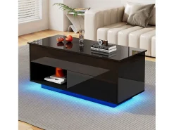 Merax Mesa de centro com tampo elevatório e acabamento laqueado de alto brilho - 100 x 50 x 55 cm - com LEDs + gaveta + prateleira - aglomerado - preta^ Mesa De Centro