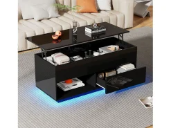 Merax Mesa de centro com tampo elevatório e acabamento laqueado de alto brilho - 100 x 50 x 55 cm - com LEDs + gaveta + prateleira - aglomerado - preta^ Mesa De Centro