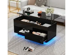 Merax Mesa de centro com tampo elevatório e acabamento laqueado de alto brilho - 100 x 50 x 55 cm - com LEDs + gaveta + prateleira - aglomerado - preta^ Mesa De Centro