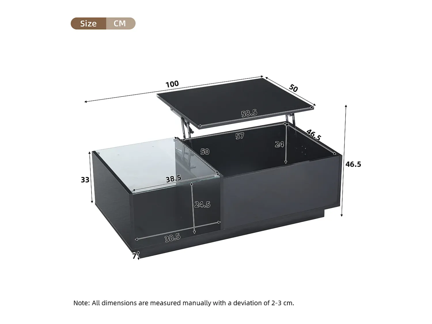 Clearance Hauss Spole Mesa de centro com tampo elevatório e LED, armazenamento integrado, em laca preta brilhante Preto