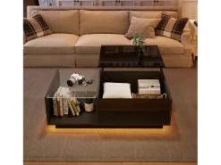 Clearance Hauss Spole Mesa de centro com tampo elevatório e LED, armazenamento integrado, em laca preta brilhante Preto