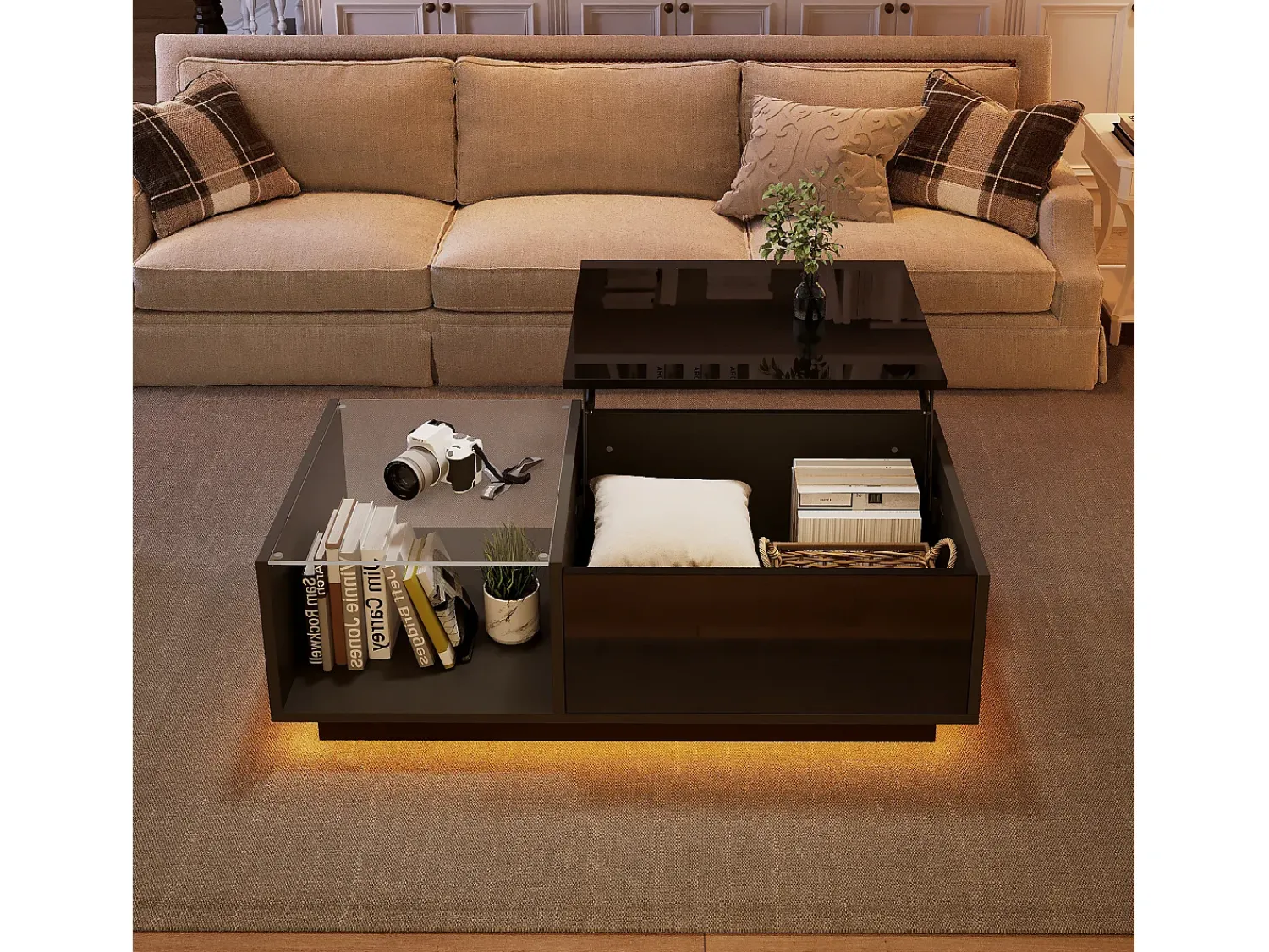 Clearance Hauss Spole Mesa de centro com tampo elevatório e LED, armazenamento integrado, em laca preta brilhante Preto