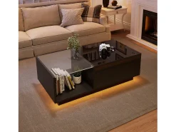 Clearance Hauss Spole Mesa de centro com tampo elevatório e LED, armazenamento integrado, em laca preta brilhante Preto