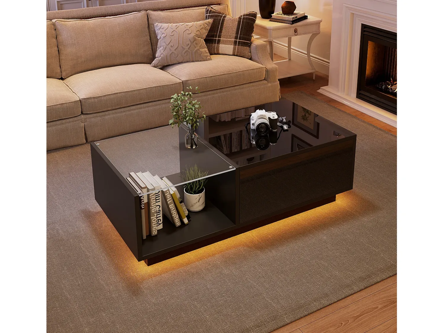 Clearance Hauss Spole Mesa de centro com tampo elevatório e LED, armazenamento integrado, em laca preta brilhante Preto