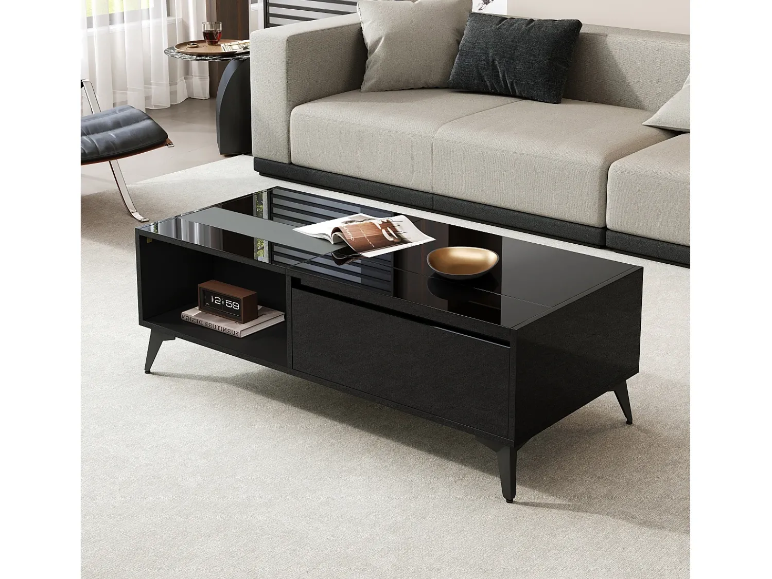 Mesa De Centro|Hauss Spole Mesa de centro com tampo elevável em brilhante e espaço de arrumação - Madeira PB Preto
