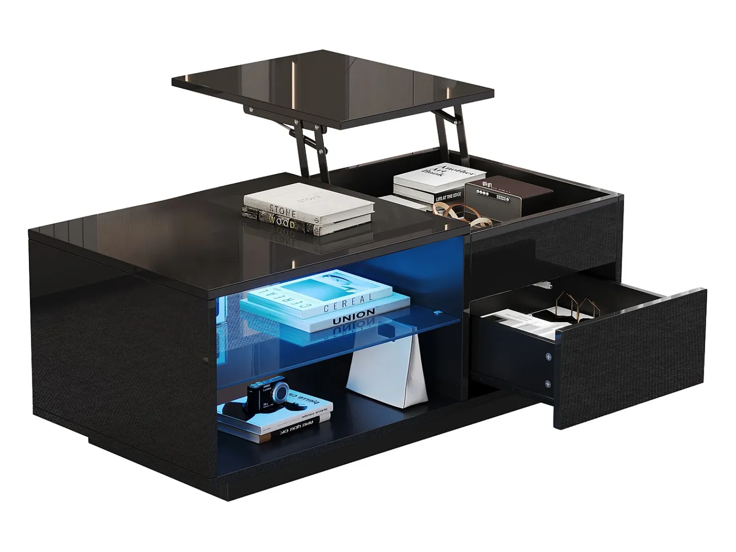 Mesa De Centro| Mesa de centro com tampo regulável em altura - Mesa de centro com 1 gaveta e 2 prateleiras semi-abertas - Preta Preto