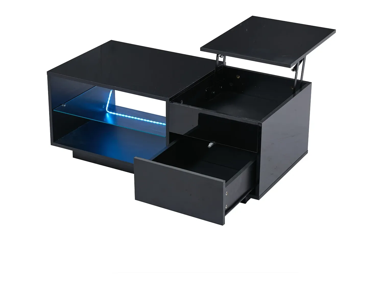 Mesa De Centro| Mesa de centro com tampo regulável em altura - Mesa de centro com 1 gaveta e 2 prateleiras semi-abertas - Preta Preto