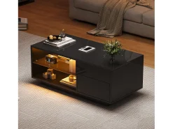 Mesa De Centro| Mesa de centro com tampo regulável em altura - Mesa de centro com 1 gaveta e 2 prateleiras semi-abertas - Preta Preto