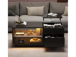 Mesa De Centro| Mesa de centro com tampo regulável em altura - Mesa de centro com 1 gaveta e 2 prateleiras semi-abertas - Preta Preto