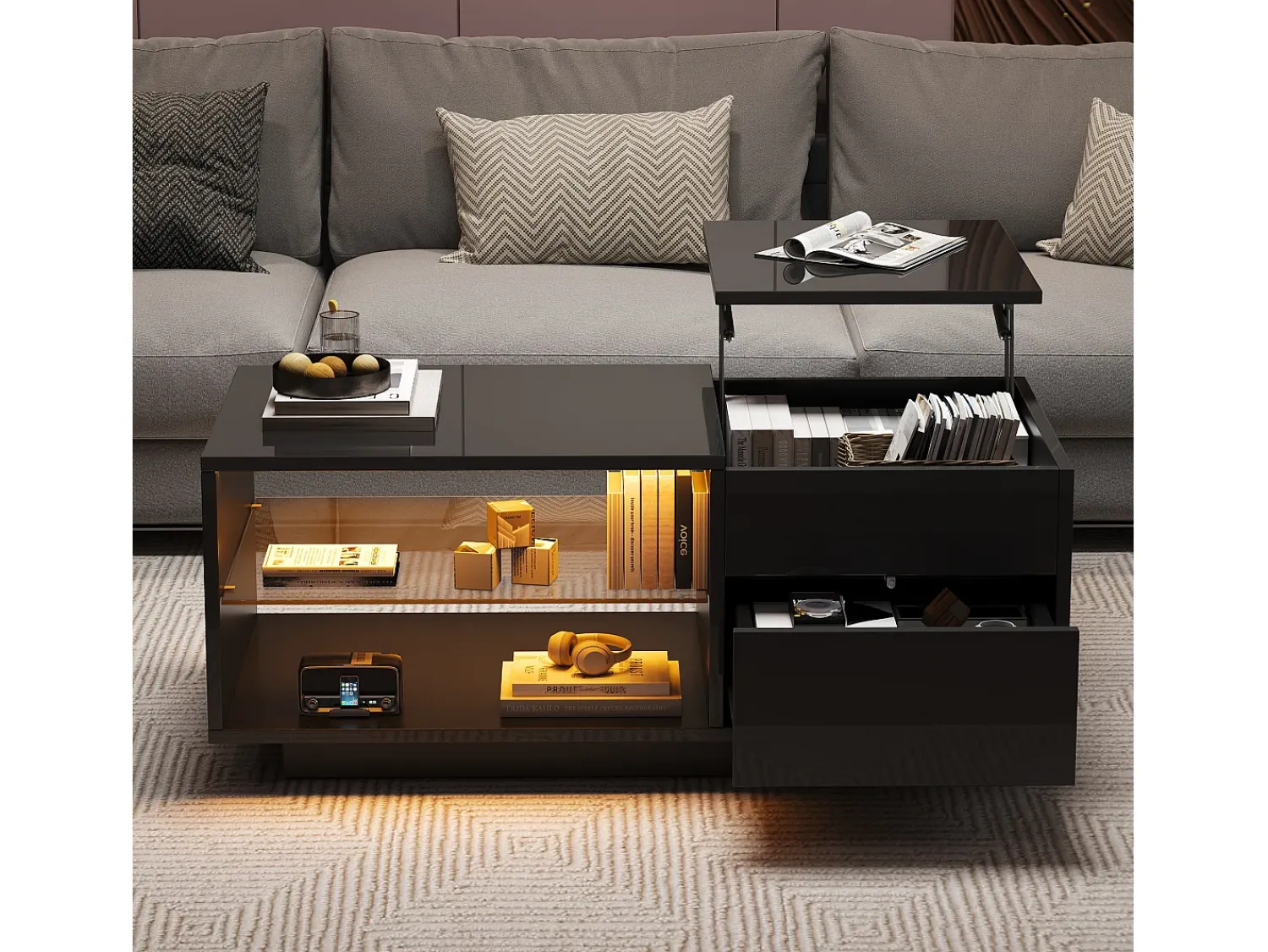 Mesa De Centro| Mesa de centro com tampo regulável em altura - Mesa de centro com 1 gaveta e 2 prateleiras semi-abertas - Preta Preto