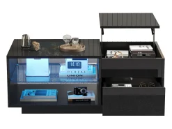 Mesa De Centro| Mesa de centro com tampo regulável em altura - Mesa de centro com 1 gaveta e 2 prateleiras semi-abertas - Preta Preto