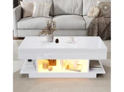 Mesa De Centro|Merax Mesa de centro com tampo elevatório e 2 gavetas dobráveis + LEDs - 98 x 45 x 40 cm - aglomerado - Branco