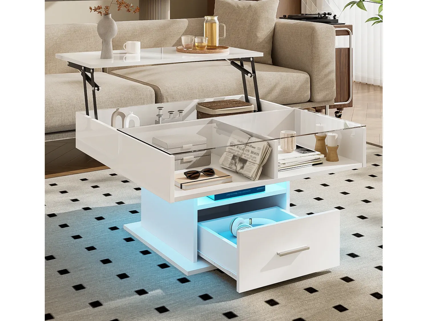 Mesa De Centro*Hauss Spole Mesa de centro com tampo elevatório, iluminação LED e gaveta - Acabamento brilhante - Branco