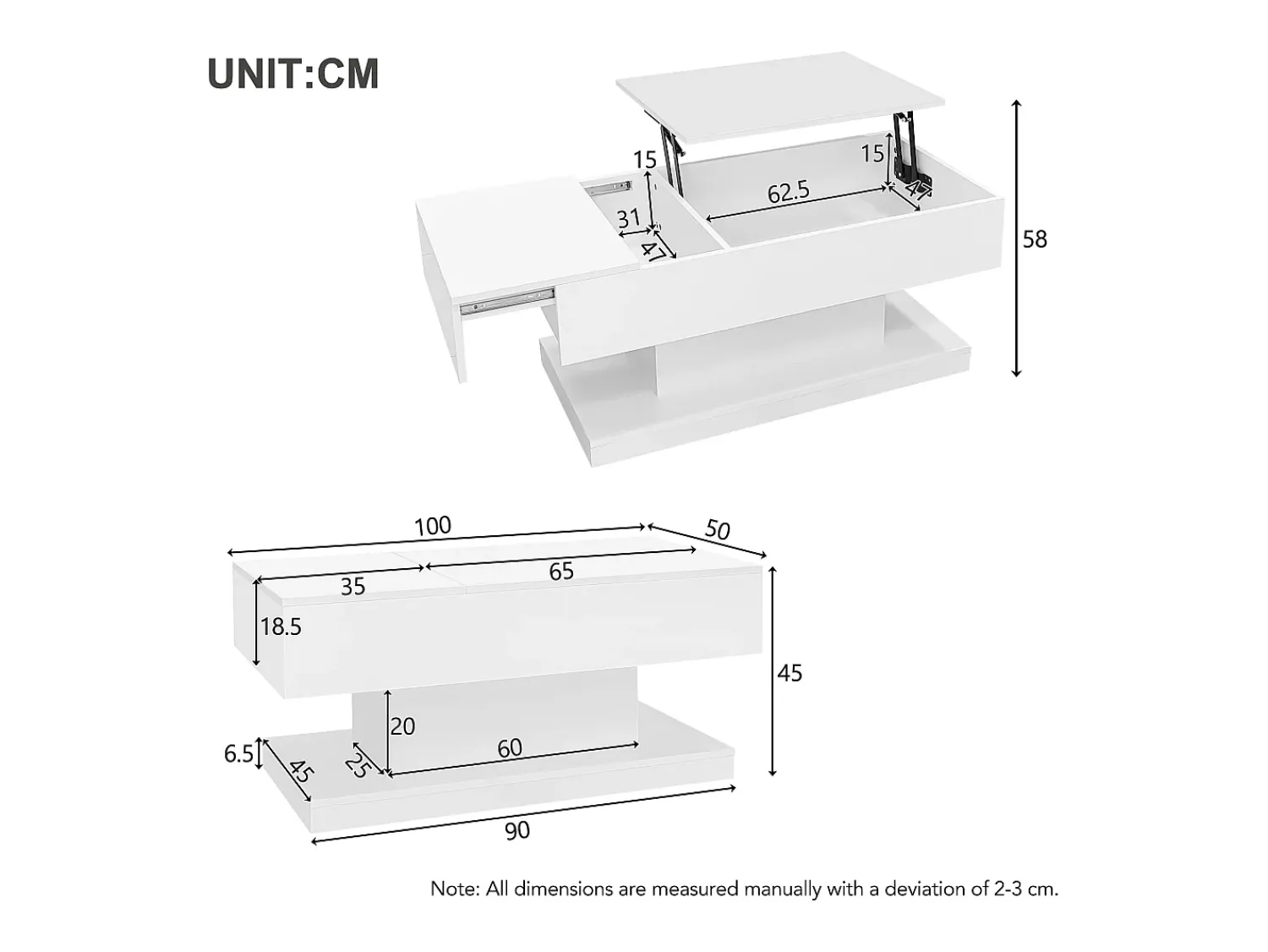 Mesa De Centro|Hauss Spole Mesa de centro com tampo elevatório, acabamento brilhante, iluminação LED e espaço de arrumação - Branco