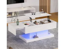 Mesa De Centro|Hauss Spole Mesa de centro com tampo elevatório, acabamento brilhante, iluminação LED e espaço de arrumação - Branco