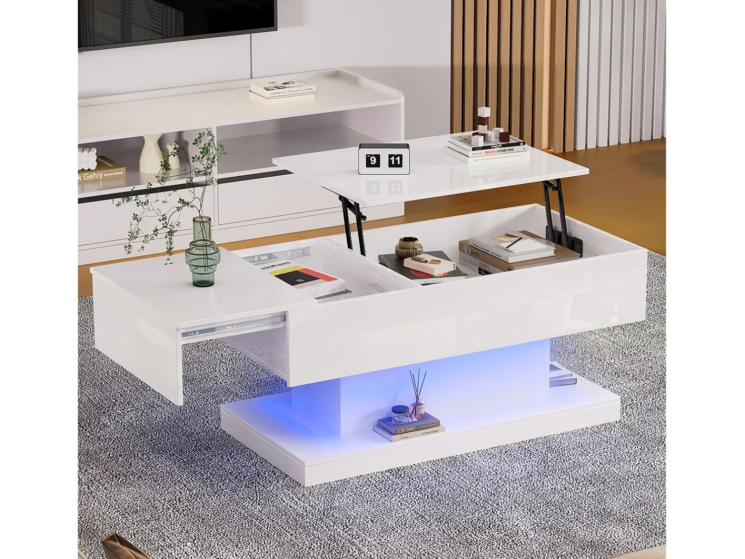 Mesa De Centro|Hauss Spole Mesa de centro com tampo elevatório, acabamento brilhante, iluminação LED e espaço de arrumação - Branco