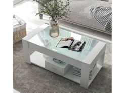 Merax Mesa de centro com tampo de vidro - 100 x 50 x 40 cm - com gaveta e espaço de armazenamento - aglomerado - branca^ Mesa De Centro