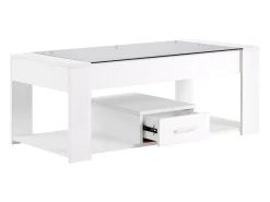 Merax Mesa de centro com tampo de vidro - 100 x 50 x 40 cm - com gaveta e espaço de armazenamento - aglomerado - branca^ Mesa De Centro