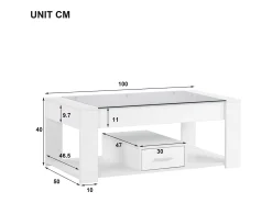 Merax Mesa de centro com tampo de vidro - 100 x 50 x 40 cm - com gaveta e espaço de armazenamento - aglomerado - branca^ Mesa De Centro