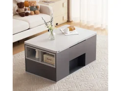 Merax Mesa de centro com tampo elevatório - 100 x 51 x 47 cm - tampo que abre em 2 seções + gavetas + portas - aglomerado - cinza^ Mesa De Centro