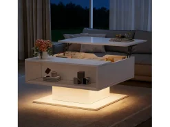 Discount Merax Mesa de centro com tampo elevatório - 80 x 75 x 40 cm - elevação hidráulica - com espaço de armazenamento + LEDs - aglomerado - branca Branco
