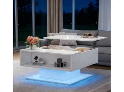 Discount Merax Mesa de centro com tampo elevatório - 80 x 75 x 40 cm - elevação hidráulica - com espaço de armazenamento + LEDs - aglomerado - branca Branco