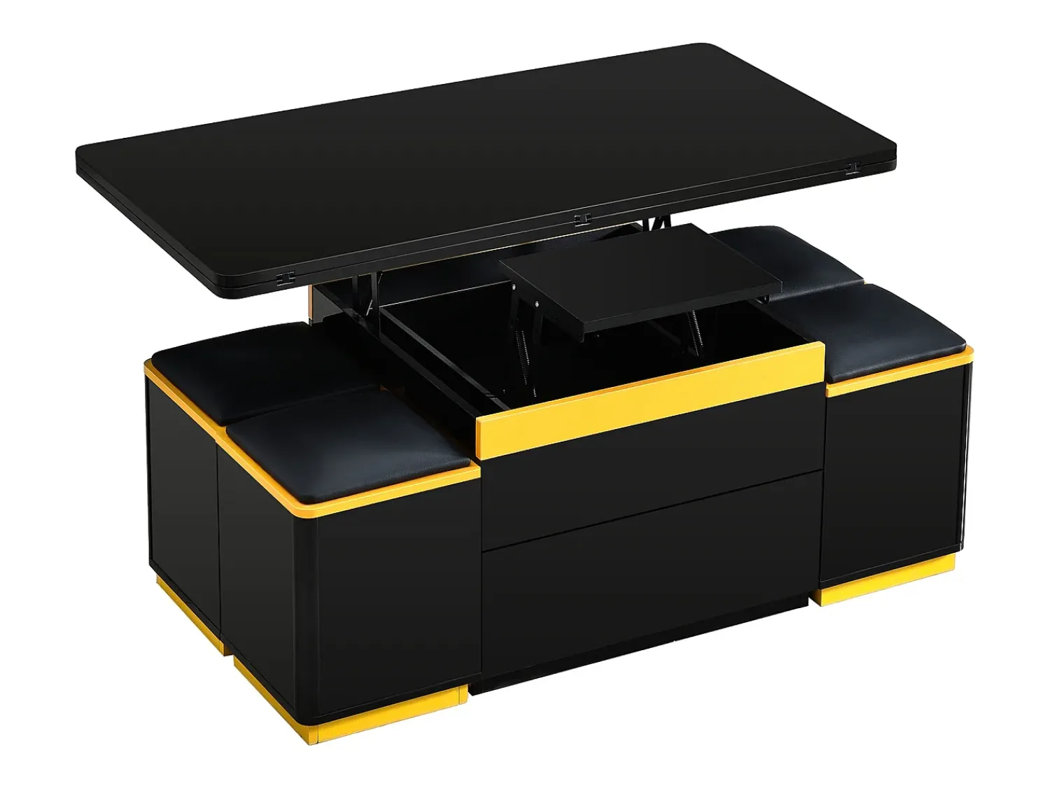 Clearance Hauss Spole Mesa de centro com tampo elevável, 2 gavetas e 4 bancos com espaço para arrumação - Acabamento brilhante - e amarelo Preto
