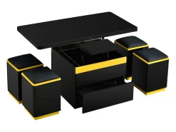 Clearance Hauss Spole Mesa de centro com tampo elevável, 2 gavetas e 4 bancos com espaço para arrumação - Acabamento brilhante - e amarelo Preto