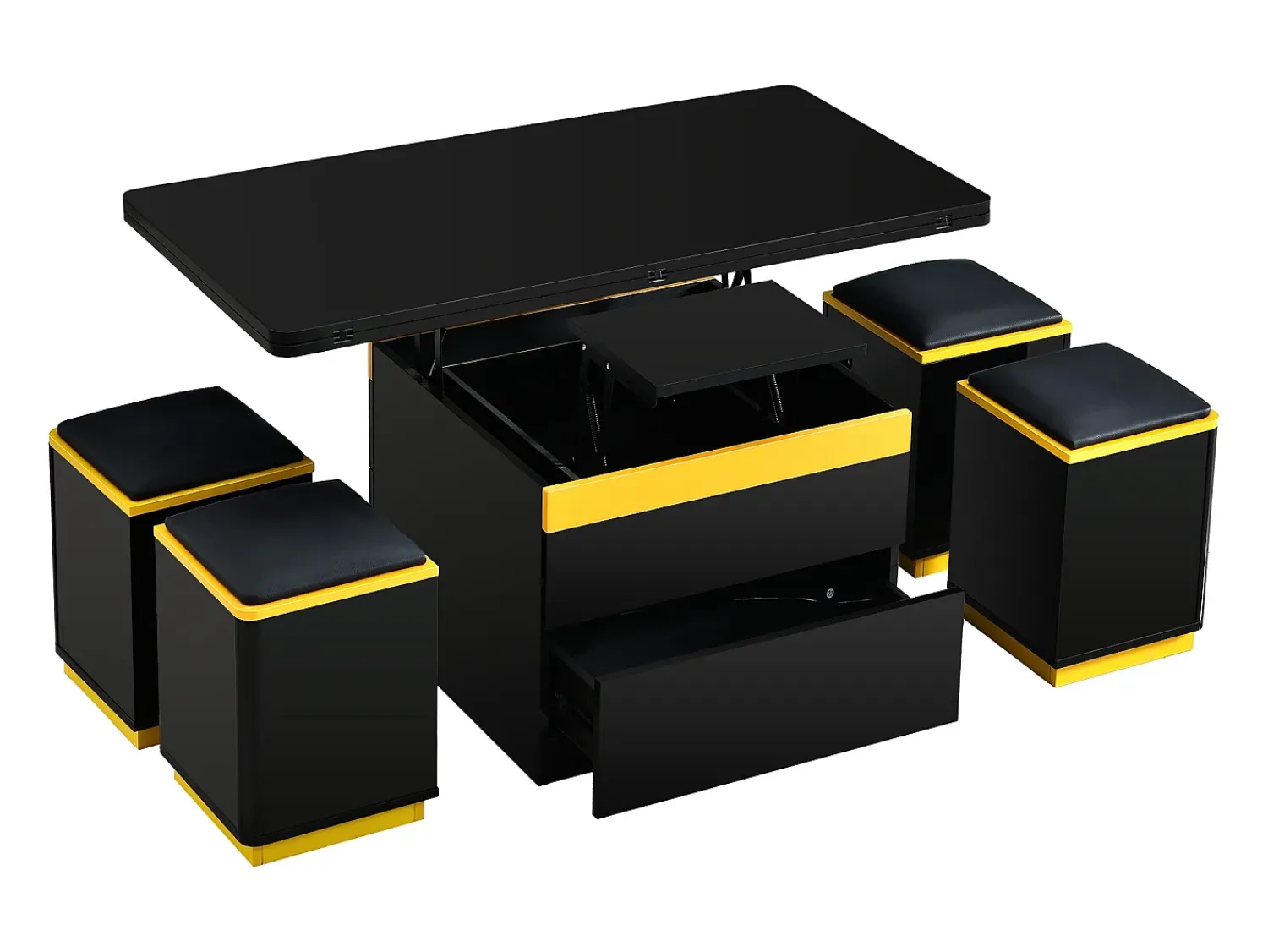 Clearance Hauss Spole Mesa de centro com tampo elevável, 2 gavetas e 4 bancos com espaço para arrumação - Acabamento brilhante - e amarelo Preto